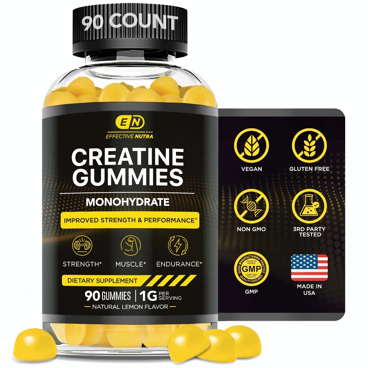 Creatine Gummies for Men & Women - Creatine Monohydrate Gummies for Strength, Muscle, Energy - Natural Lemon Flavor (90Ct)